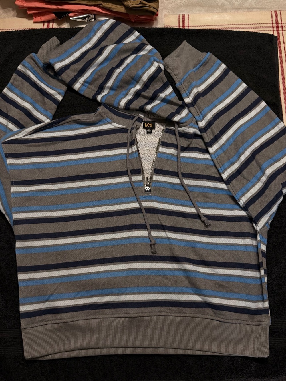 Lee Striped Half-Zip Hooded Pullover in Gray, Navy & Light Blue